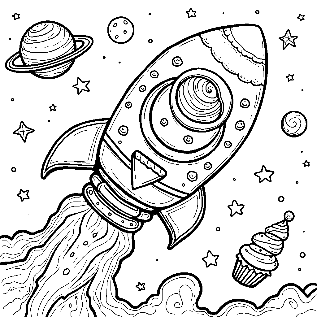 Cupcake in a spaceship blasting off into outer space