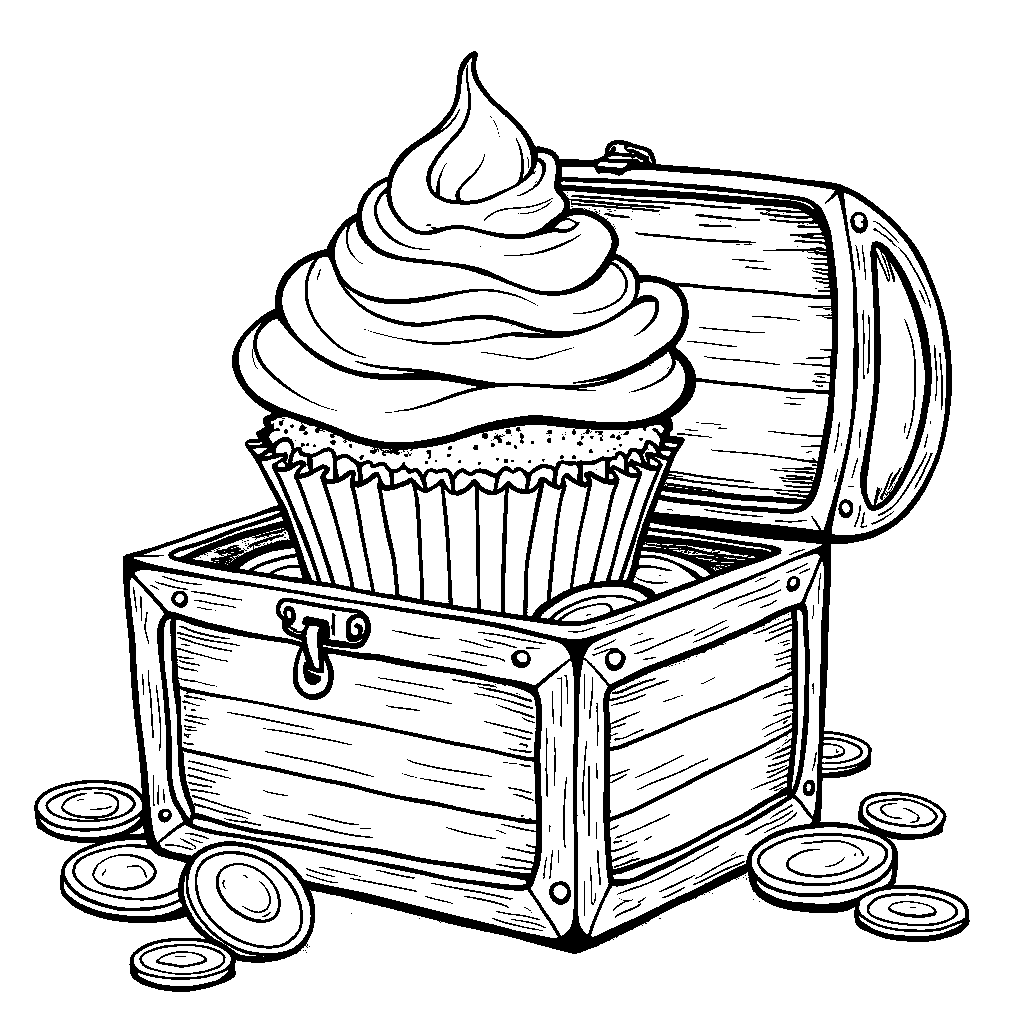 Cupcake in a treasure chest filled with gold coins and jewels