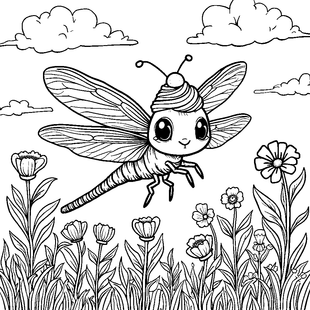 Cupcake riding a dragonfly through a field of flowers