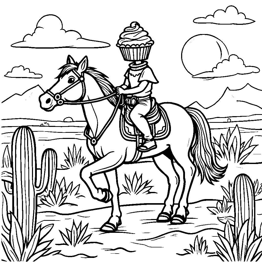 Cupcake riding a horse through a wild west landscape