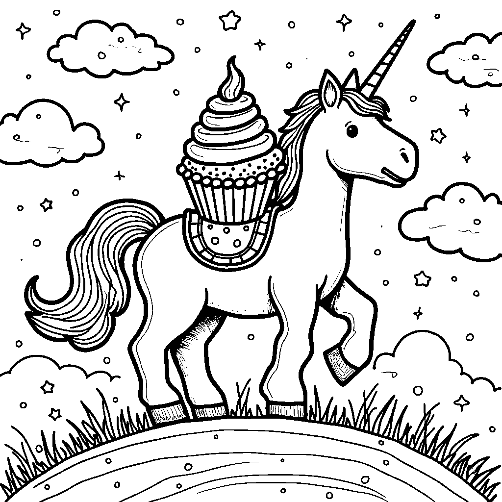 Cupcake riding a unicorn through a rainbow-colored sky