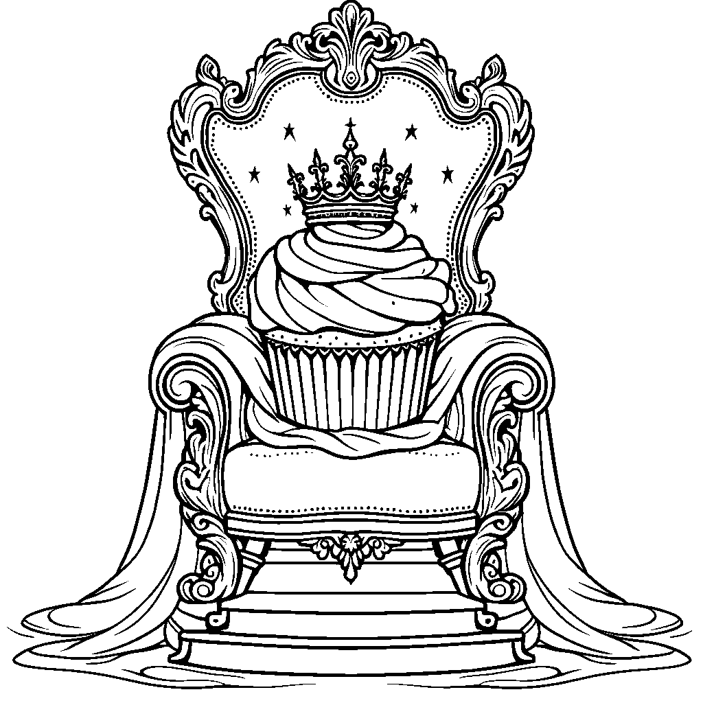 Cupcake sitting on a throne wearing a crown and royal robes