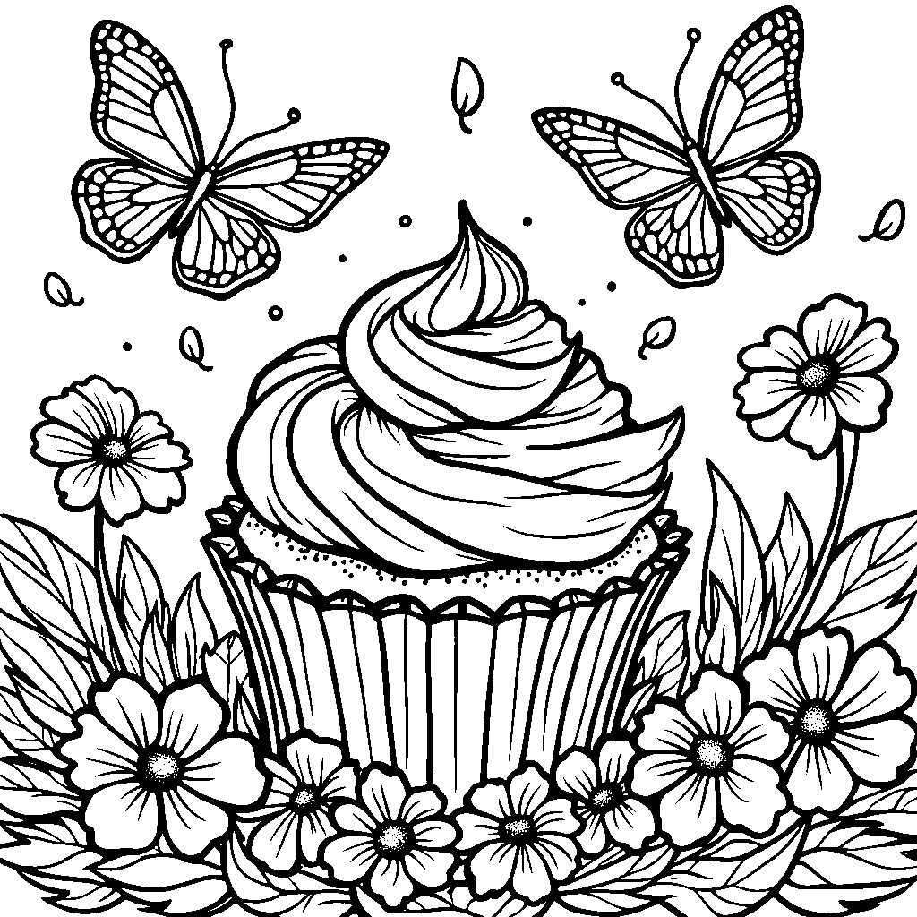 Cupcake surrounded by fluttering butterflies and flowers