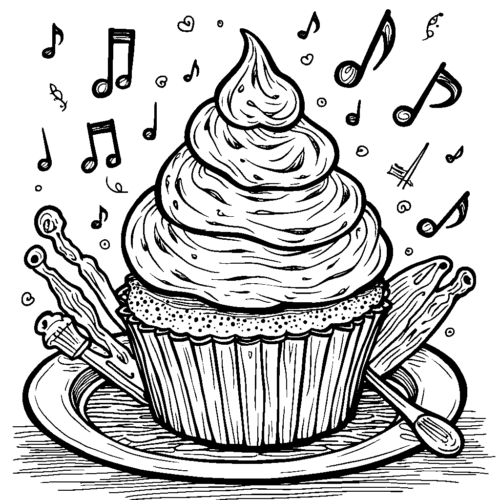 Cupcake surrounded by musical notes and instruments