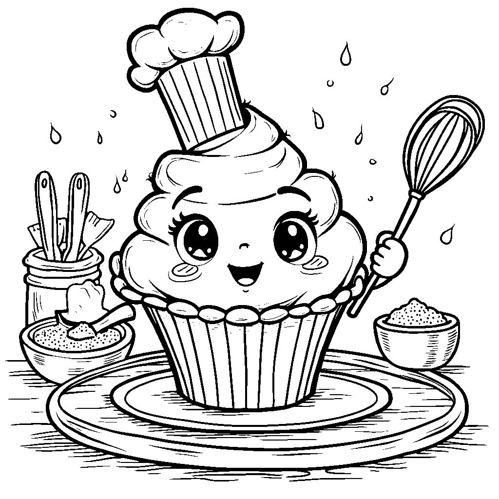 Cupcake wearing a chef's hat and holding a mixing spoon