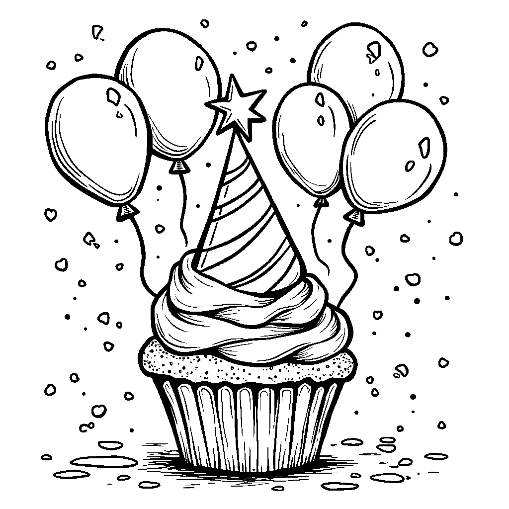 Cupcake wearing a party hat and holding balloons