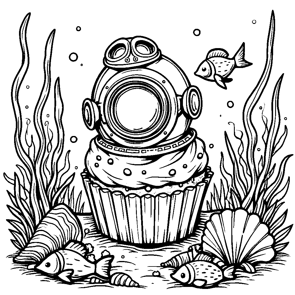 Cupcake wearing a diving helmet and swimming with fish