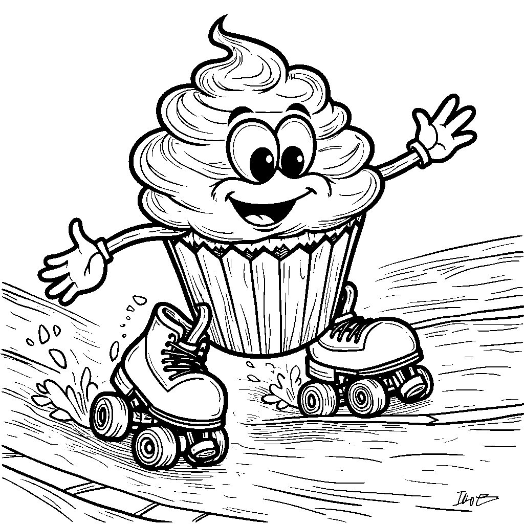 Cupcake wearing roller skates and racing around a track