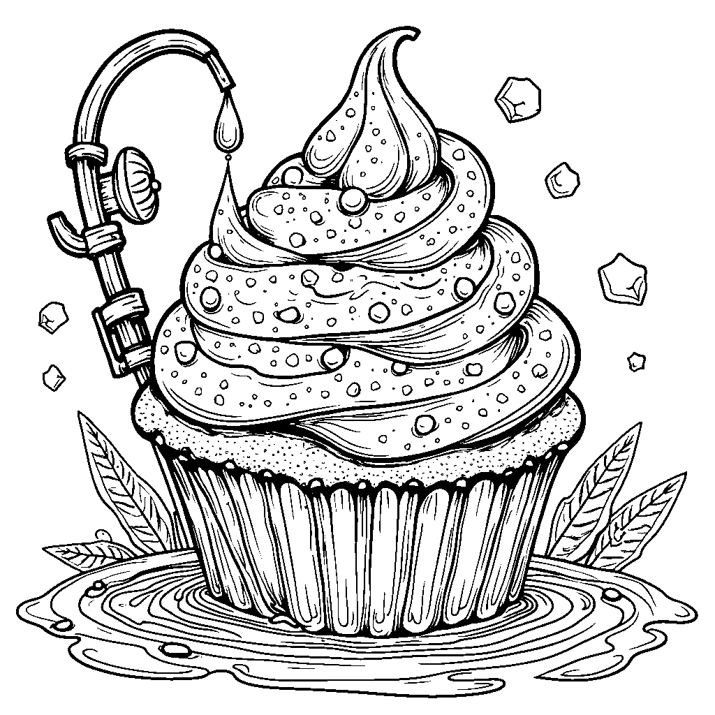 Cupcake with a fishing rod catching a fish made of icing