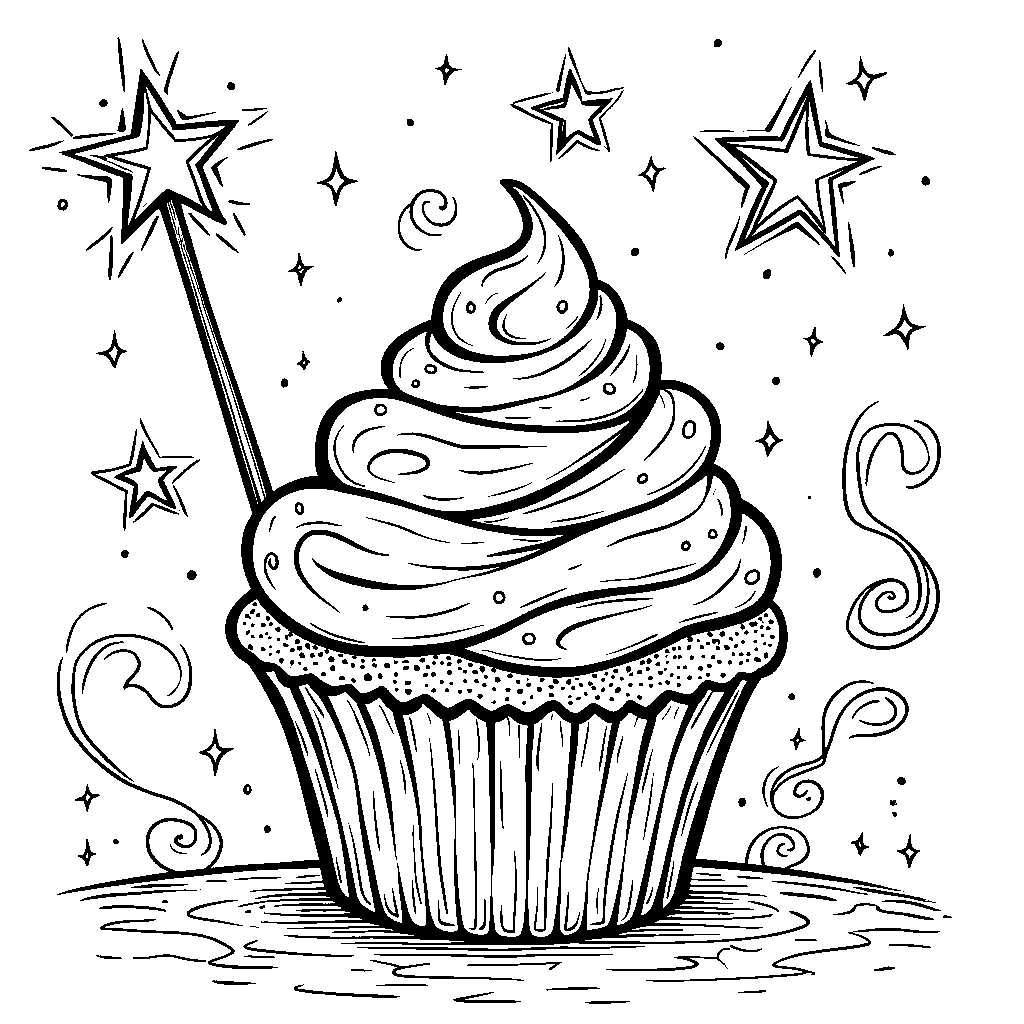 Cupcake with a magic wand making stars and sparkles appear