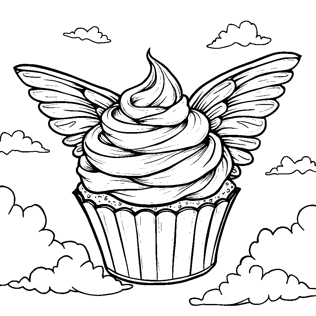 Cupcake with a pair of wings flying through a sunny sky