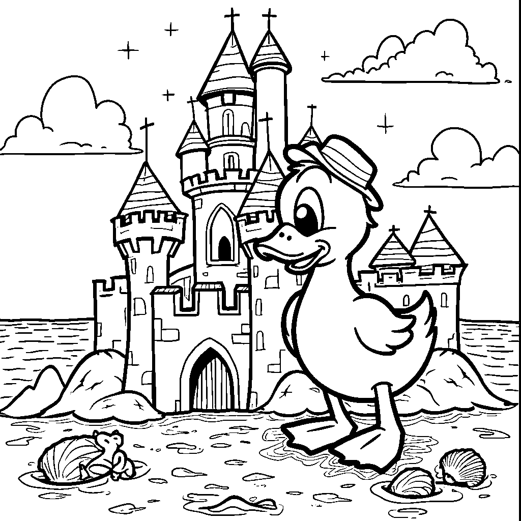 Duck building a sandcastle on a beach