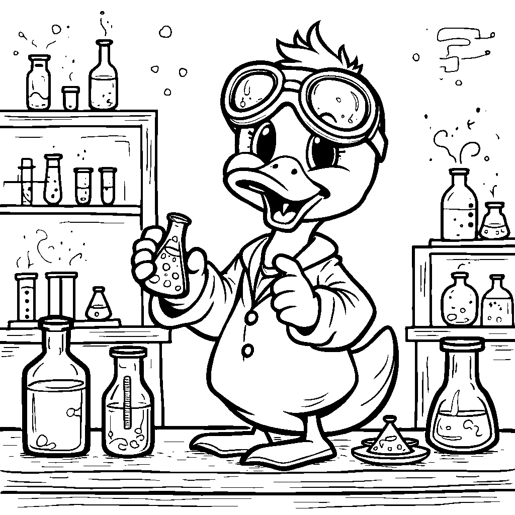 Duck doing a science experiment in a lab