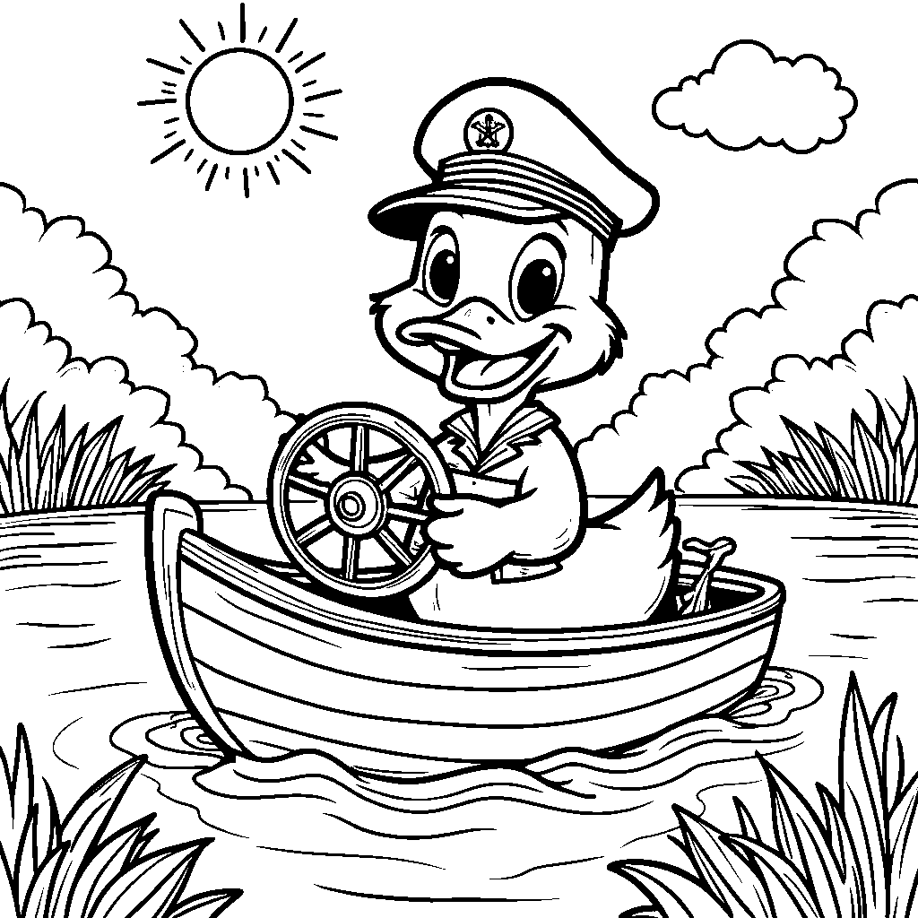 Duck driving a boat on a peaceful lake