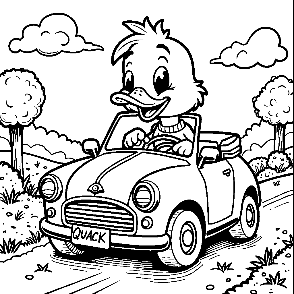 Duck driving a car with a 'quack' license plate