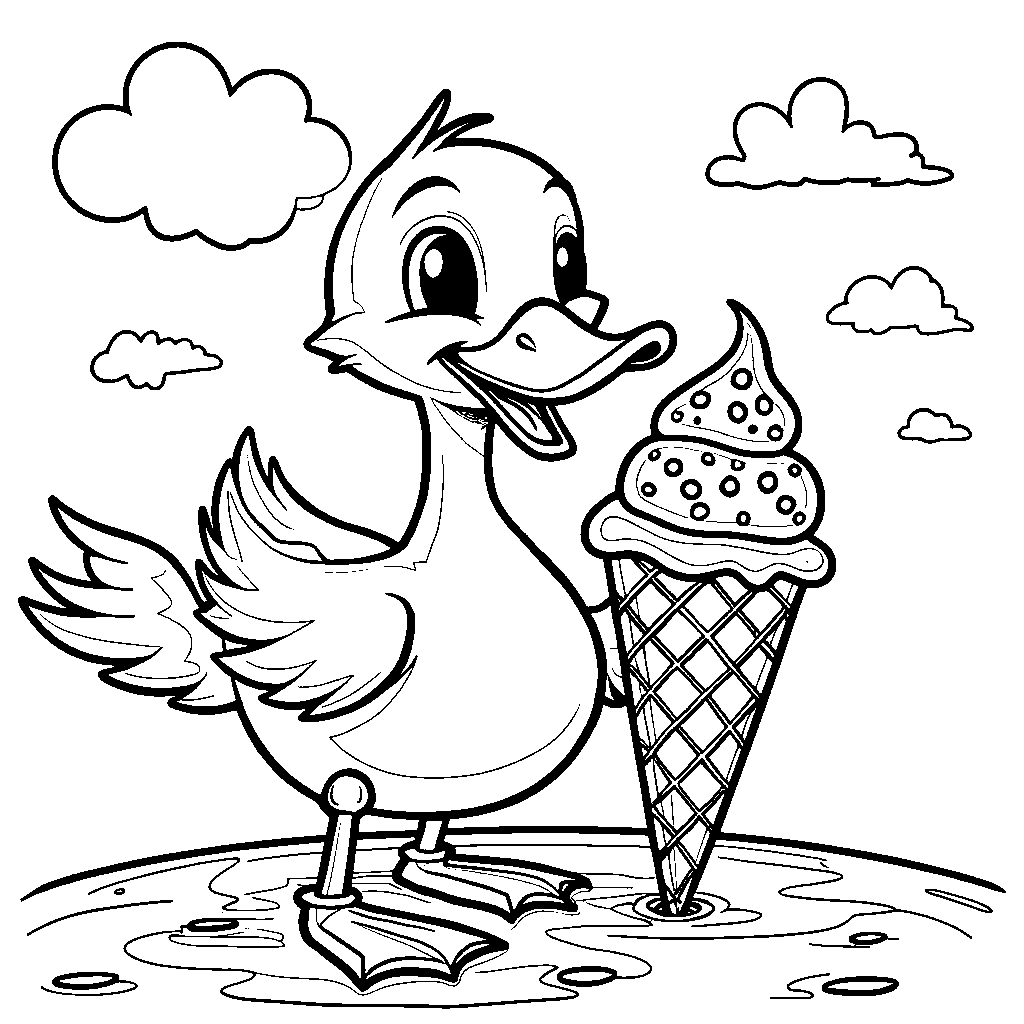 Duck eating a giant ice cream cone