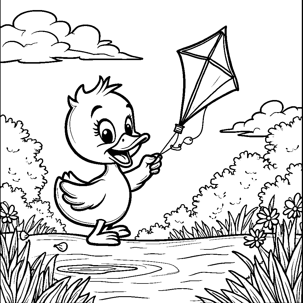 Duck flying a kite in a windy park