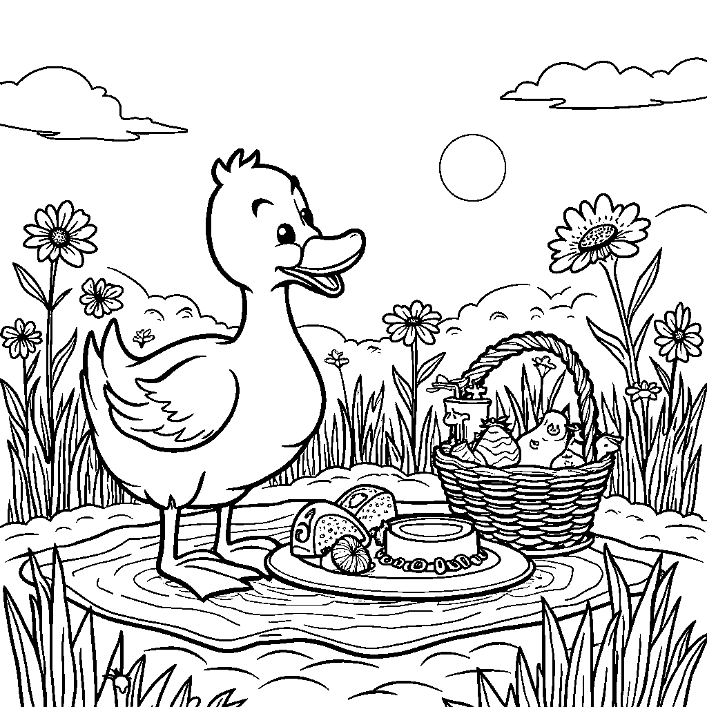 Duck having a picnic in a beautiful meadow