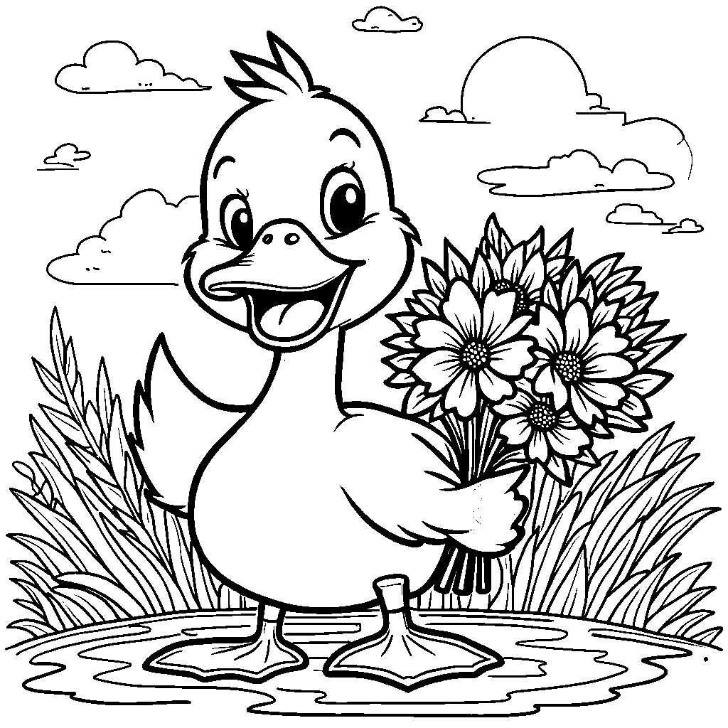 Duck holding a bouquet of flowers