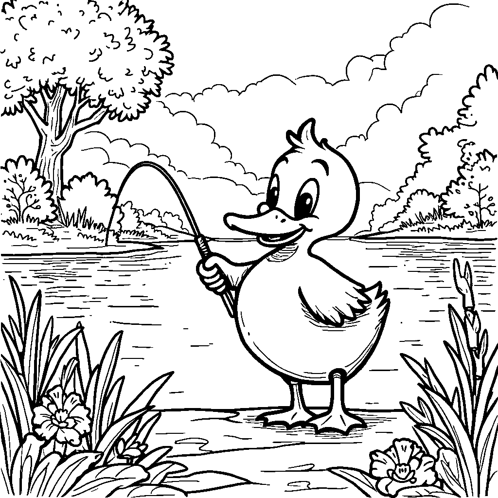 Duck holding a fishing rod by a lake