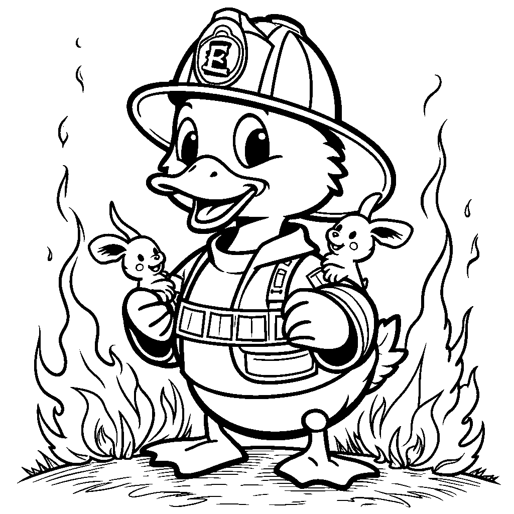 Duck in a firefighter helmet saving the day