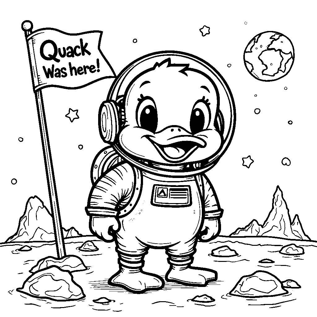 Duck in a space suit exploring the moon