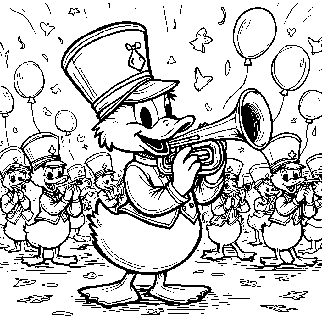 Duck playing a trumpet in a marching band