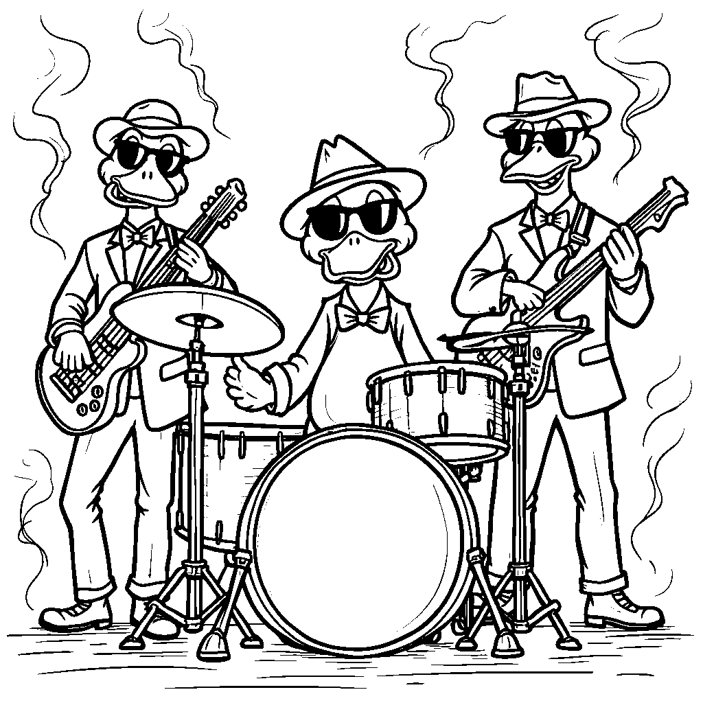 Duck playing the drums in a jazz band