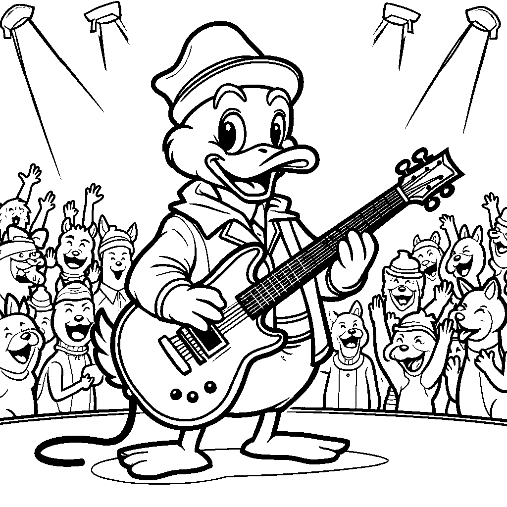 Duck playing the guitar in a rock band