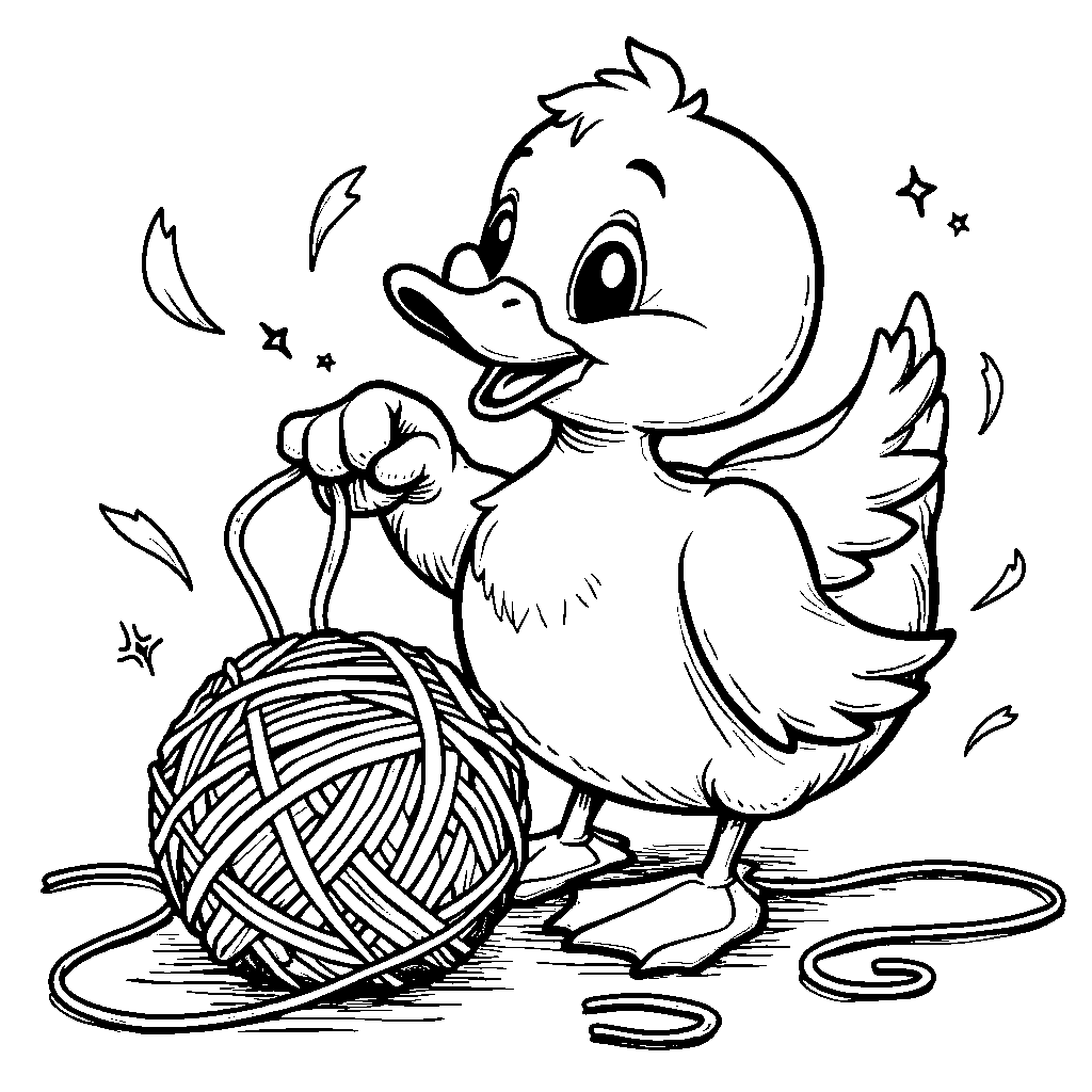 Duck playing with a ball of yarn