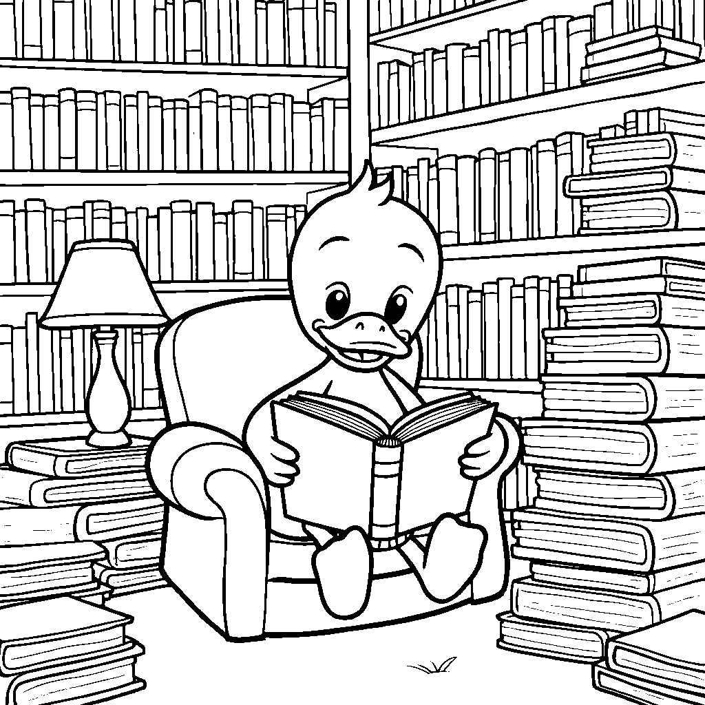 Duck reading a book in a cozy library