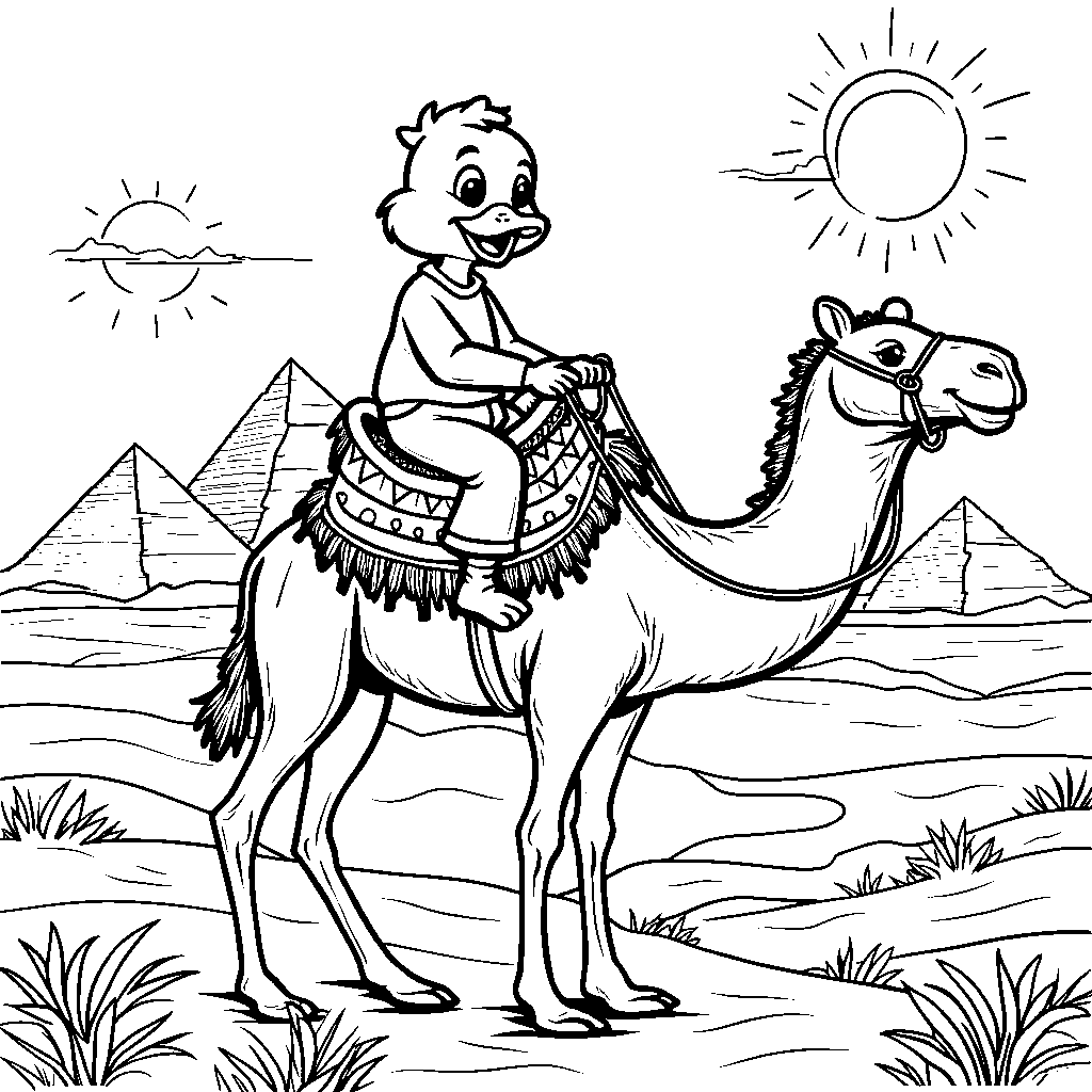 Duck riding a camel in a desert