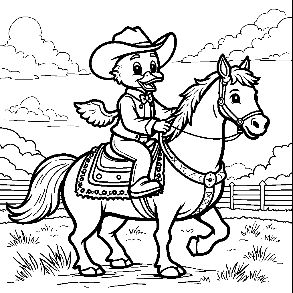 Duck riding a horse in a cowboy hat