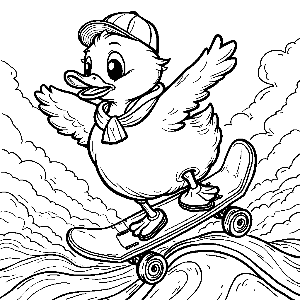 Duck riding a skateboard on a halfpipe