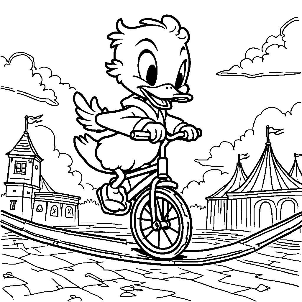 Duck riding a unicycle on a tightrope