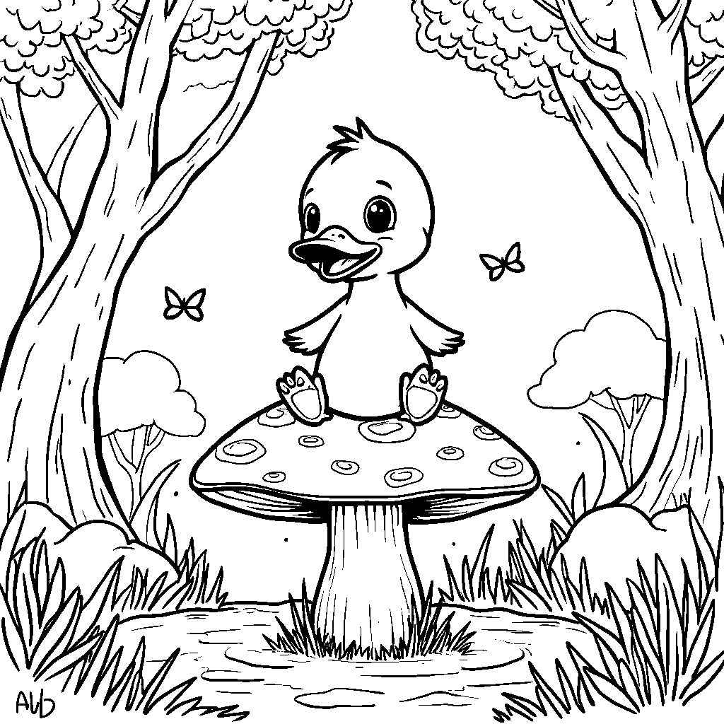 Duck sitting on a mushroom in a fairy forest