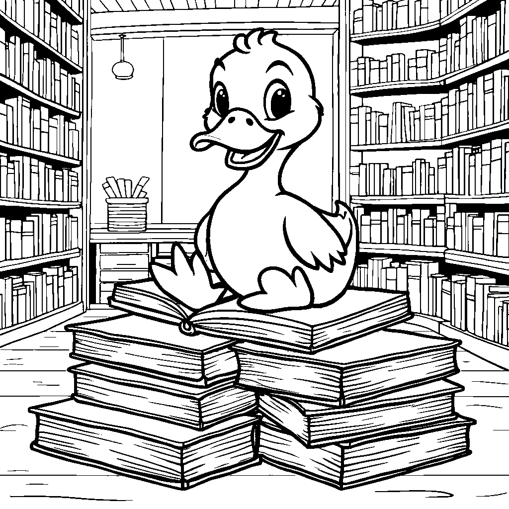 Duck sitting on a pile of books in a bookstore