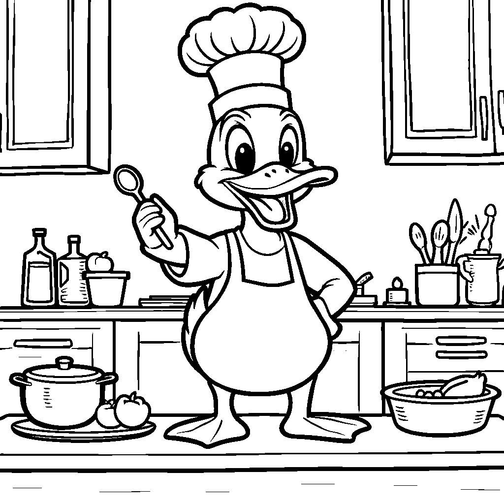 Duck wearing a chef's hat in a kitchen