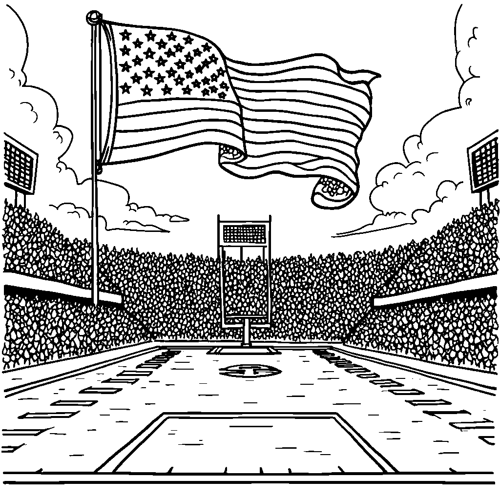 A football field with a giant American flag waving