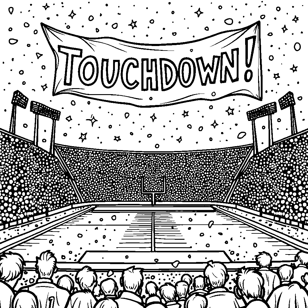 A football field with a giant 'Touchdown!' banner