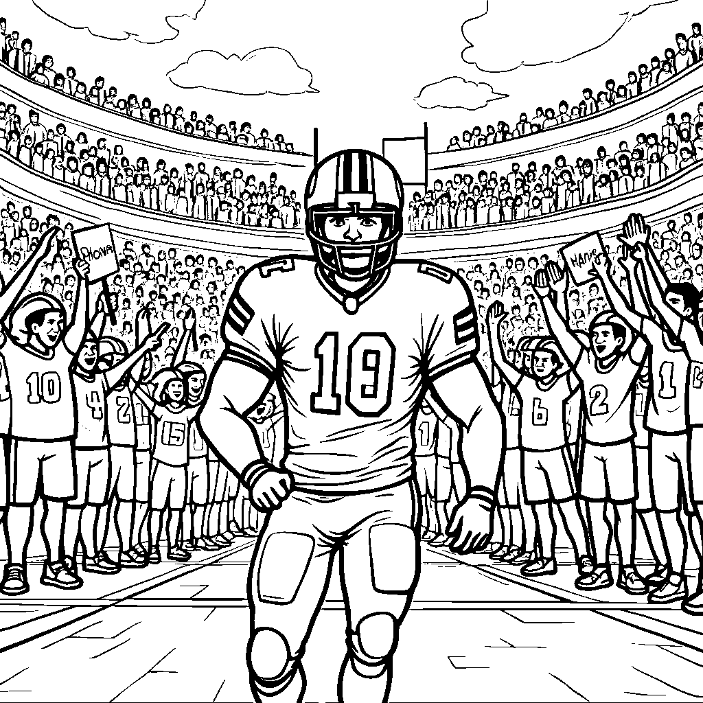 A football player surrounded by adoring fans