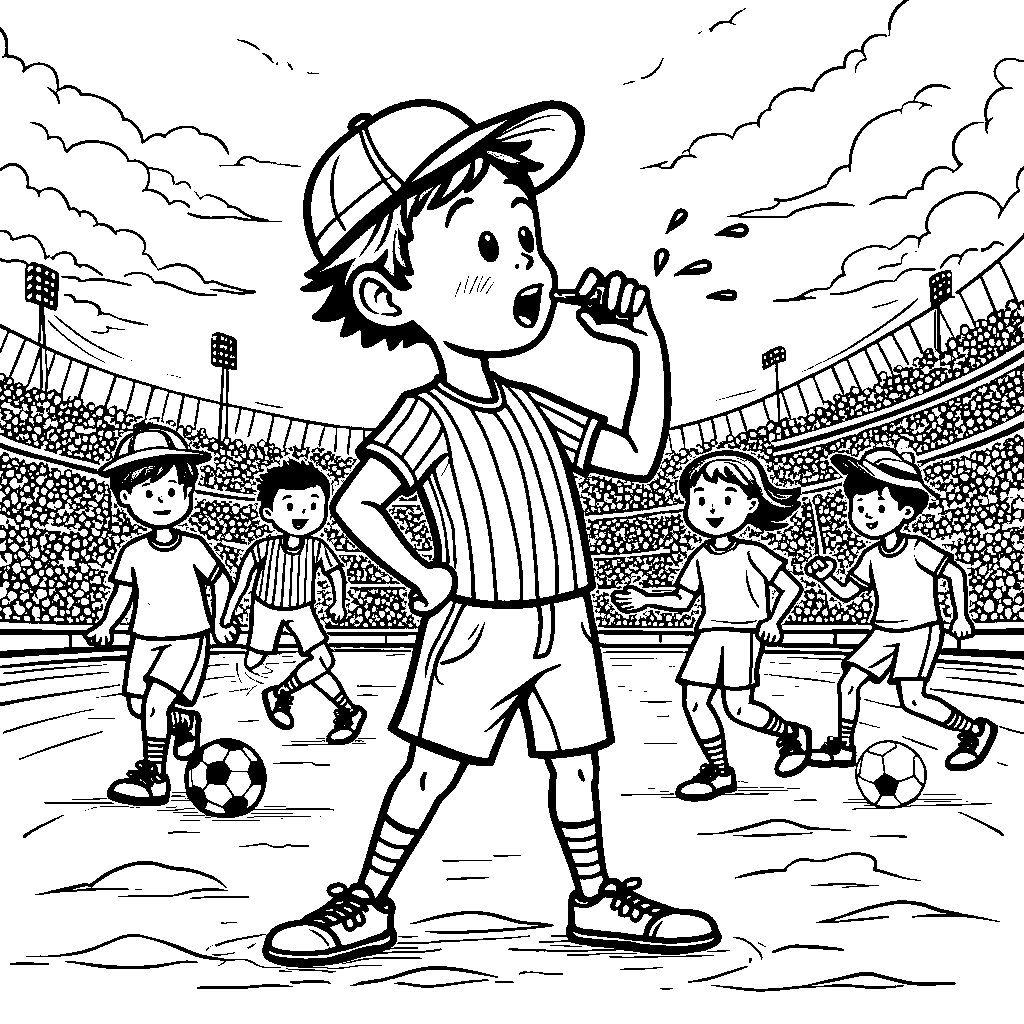 A referee blowing a whistle, surrounded by players