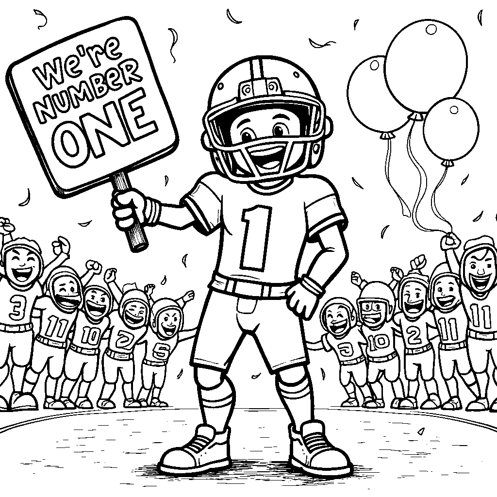 A football player holding a 'We're Number One' sign