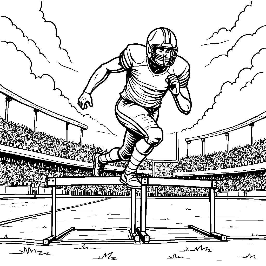 A football player jumping over hurdles on the field