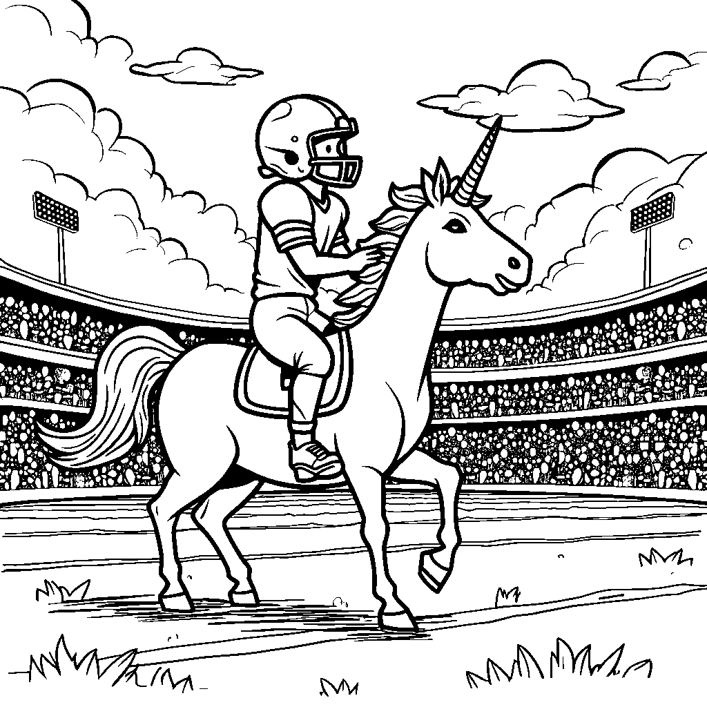 A football player riding a unicorn on the field