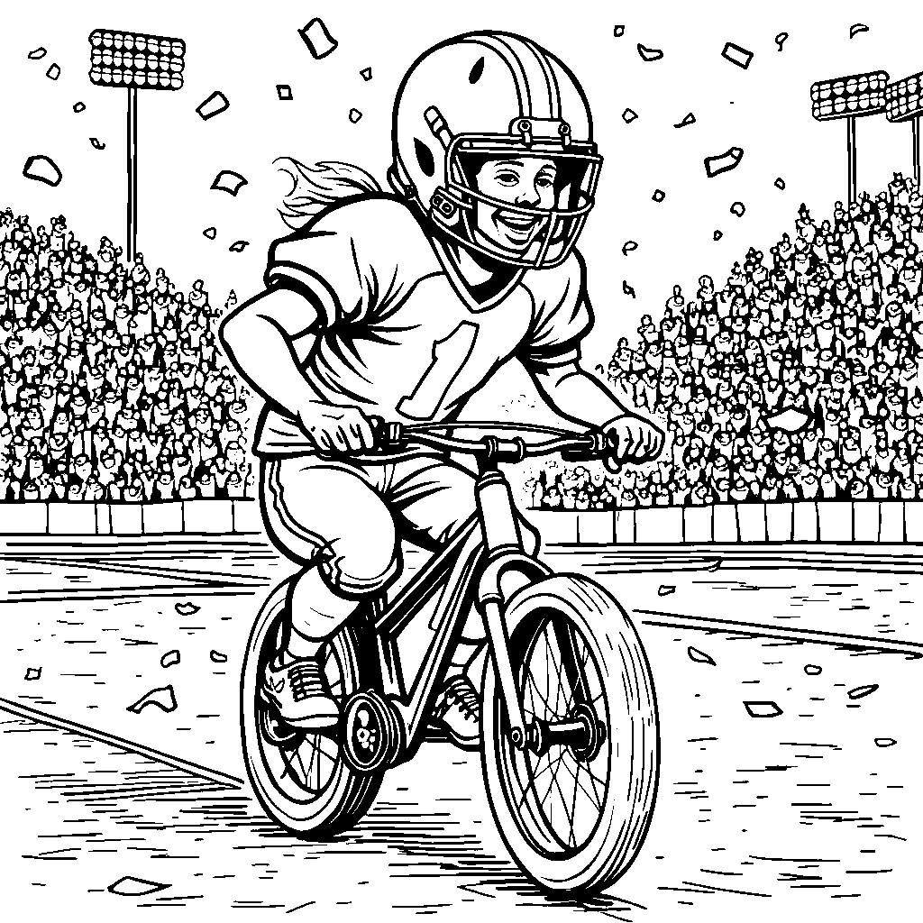 A football player riding a bike on the field