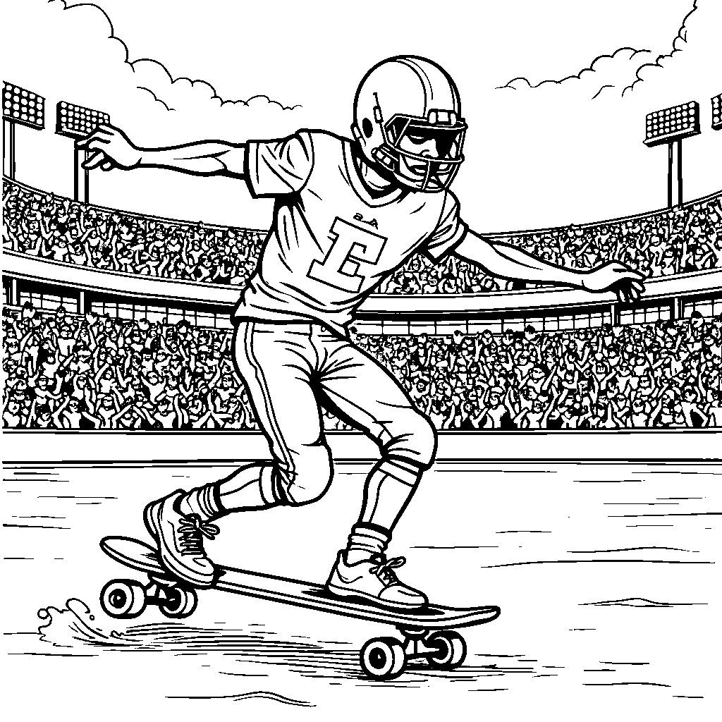 A football player riding a skateboard on the field