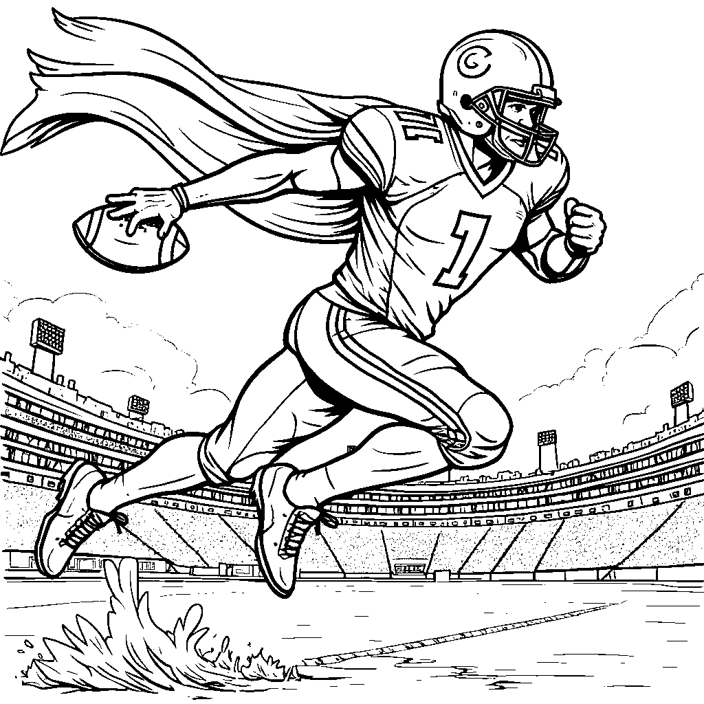 A football player with a superhero cape flying