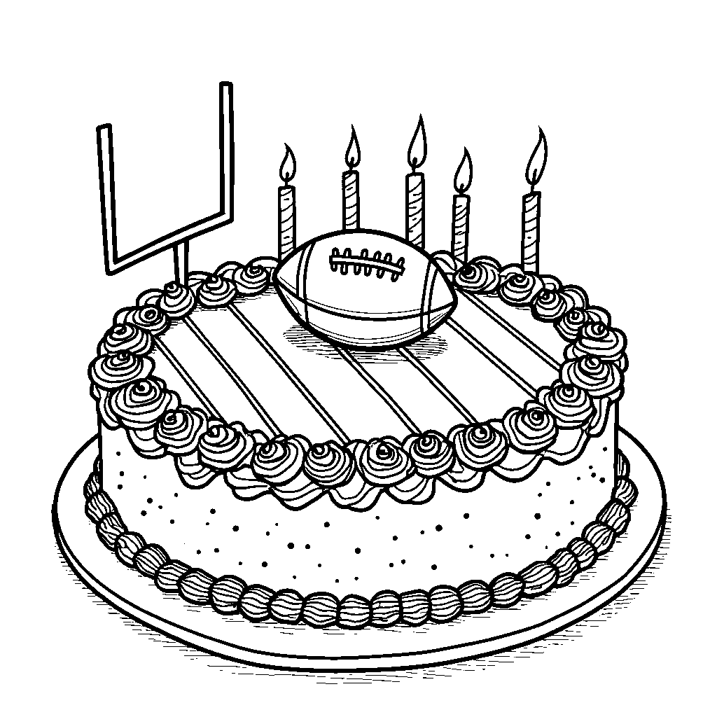 A football-themed birthday cake with candles