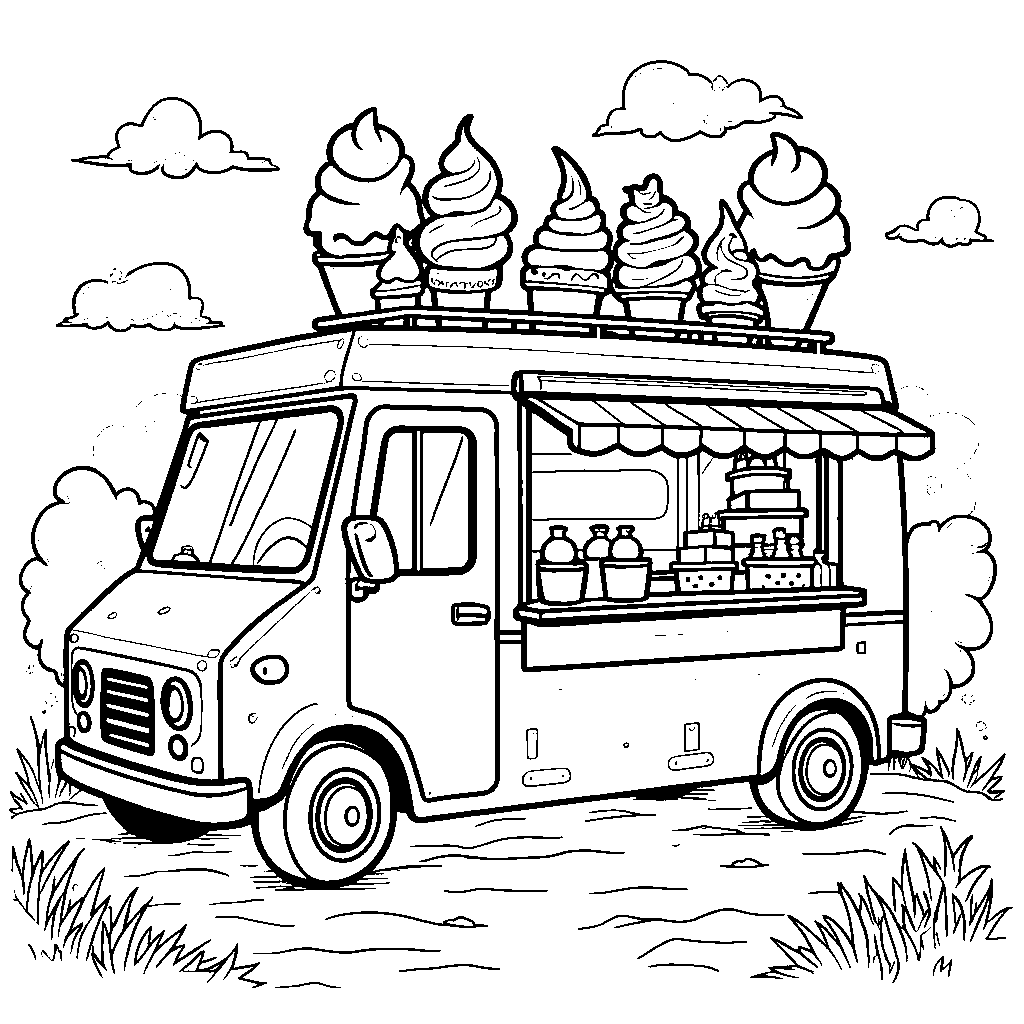 Kawaii-style food truck with cute desserts